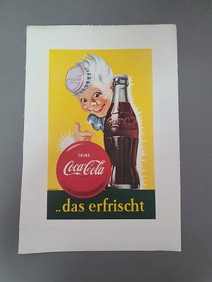 שלט פרסום ישן בגרמנית לחברת קוקה -קולה ניר מודבק על סוג של קנבס? 41X29