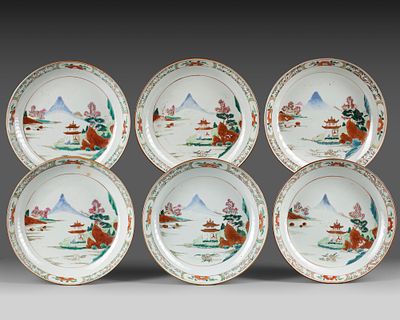 A COLLECTION OF SIX CHINESE FAMILLE VERTE CAFE AU LAIT DISHES, 18TH CENTURY. Each piece is 