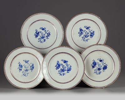 A FIVE CHINESE BLUE-ENAMELLED AND GILT CHINESE 'FLORAL' DISHES, QIANLONG PERIOD (1736-1795). Made 