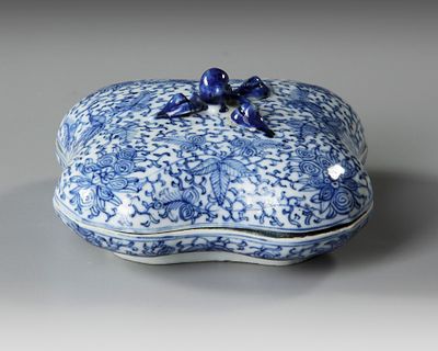 A CHINESE BLUE AND WHITE LIDDED BOX, 19TH CENTURY. A Chinese porcelain quatrefoil shaped box 