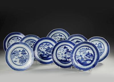 A COLLECTION OF NINE BLUE AND WHITE DISHES, 18TH CENTURY. Each dish with an octagonal shape and 