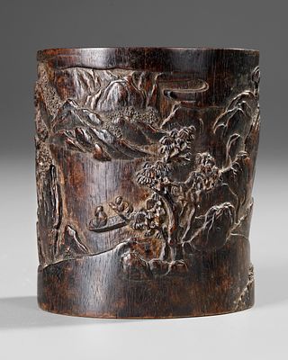 A CHINESE CARVED ZITAN WOOD BRUSH POT, 17TH-18TH CENTURY. A Chinese zitan wooden brush pot 