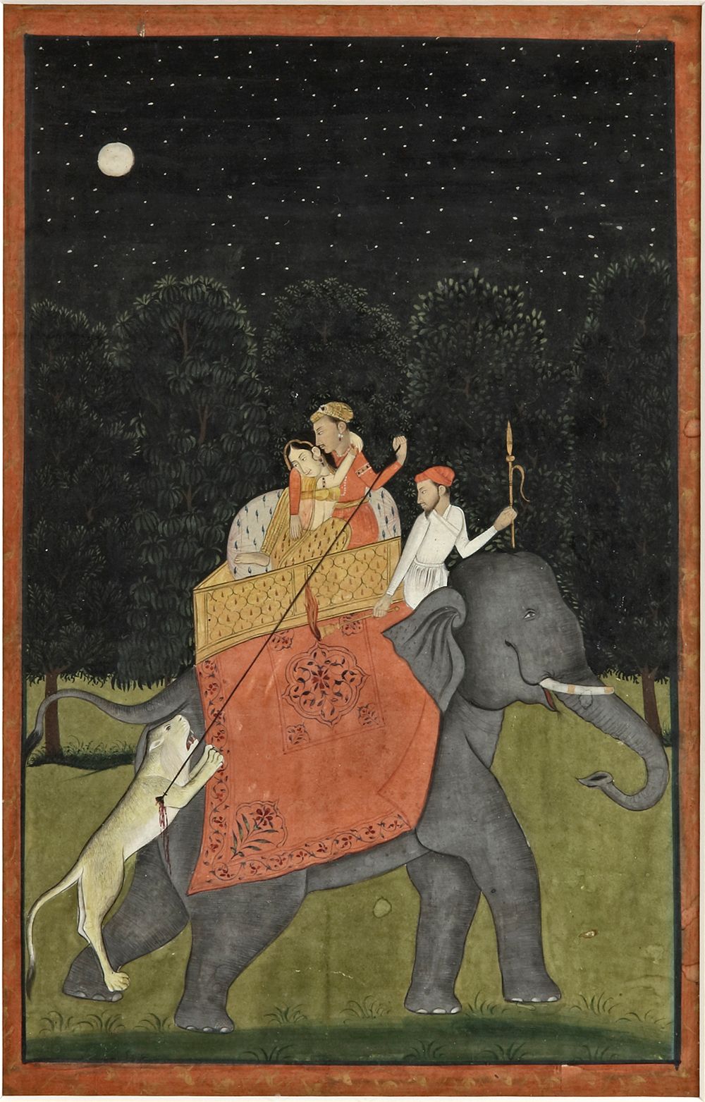 A PRINCE WITH HIS CONSORT HUNTING A LION, NORTH INDIA, 19TH CENTURY. Gouache colour heightened 