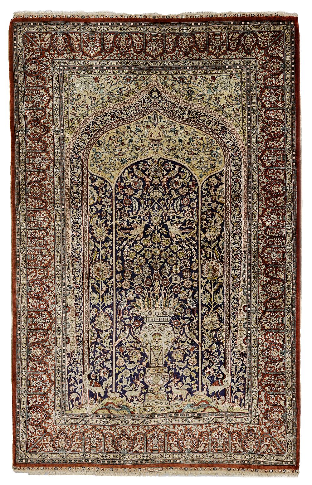 AN ANTIQUE SIGNED PERSIAN SILK PRAYER RUG, LATE 19TH CENTURY. An antique signed Persian silk 