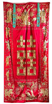 A CHINESE RED-GROUND SILK EMBROIDERY, 19TH CENTURY. A Chinese silk hanging altar panel for a 