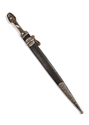 A LARGE NIELLO SILVER-MOUNTED KINDJAL, CAUCASUS, 19TH CENTURY. A Caucasian kindjal with steel 