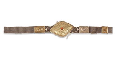 AN OTTOMAN SILVER BELT, 19TH CENTURY. Richly decorated with gilt details, floral motifs, and a 