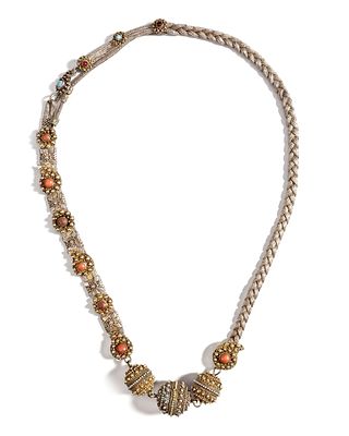 A CAUCASIAN SILVER NECKLACE, 19TH CENTURY. Crafted with intricate filigree work, coral inlays 