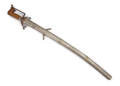 A SILVER SWORD, MOROCCO, 19TH CENTURY. Featuring a wooden hilt with iron guard and a finely 
