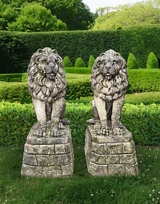 A PAIR OF SCULPTED LIMSTONE MODELS OF LIONS ON PEDESTALS. Each modeled sitting and staring 