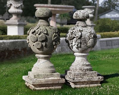 A PAIR CARVED LIMESTONE FINIALS, LATE 19TH CENTURY. Height 65 cm. Width 31 cm. Depth 27 cm.