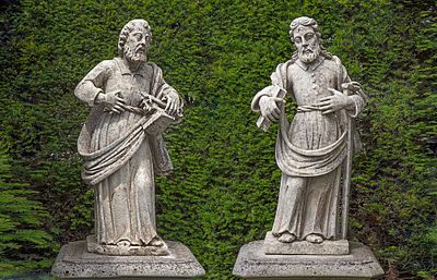 A PAIR OF SCULPTED LIMESTONE MODELS OF SAINTS PETER AND PAUL, 17TH OR 18TH CENTURY. Portrayed in 