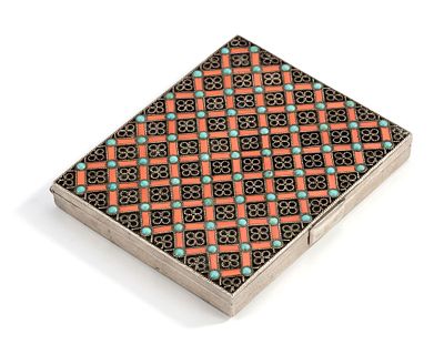 AN OTTOMAN SILVER BOX WITH CORAL AND TURQUOISE INLAY, 19TH CENTURY. Richly decorated with a 