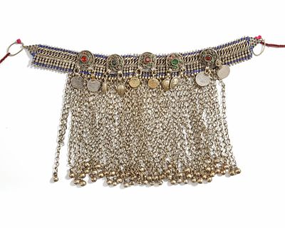 AN AFGHAN SILVER NECKLACE, 19TH CENTURY. With chains, coin pendants, and colorful glass inlays 