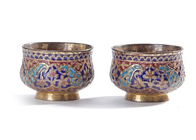 TWO INDIAN SILVER ENAMEL CUPS, 19TH CENTURY. Richly decorated with vibrant polychrome enamel in 