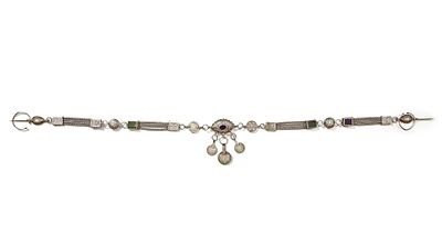 A CAUCASIAN SILVER BELT, 19TH CENTURY. Decorated with engraved medallions, colorful stone inlays 