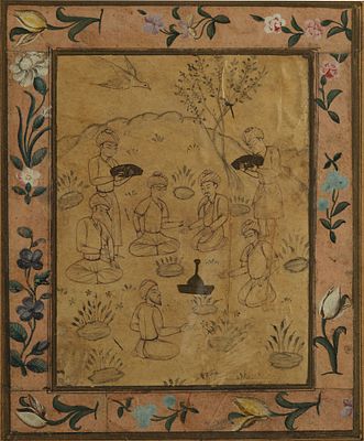 A PERSIAN MINIATURE "THE PICKNICK,19TH CENTURY. Persian miniature: 'The pick-nick" The border 