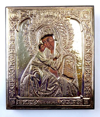 איקונת כסף אורטודוכסית ישנה תבליט כסף מוצמד לעץ מידות 14.5X12 ס"מ חתומה לכסף 925 במצב מצויין