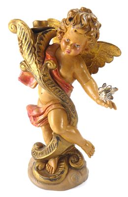 פסל איטלקי ישן בדמות קופידון מקרמיקה גובה 17 ס"מ בסיס 6.5 ס"מ רוחב 10 ס"מ עבודת אמן מפורטת מצב שלם