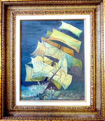 יעקב גבאי - ספינת מפרש שמן על בד מידות 40X50 ס"מ כולל מסגרת איכותית מעץ מלא 64X74 ס"מ חתומה