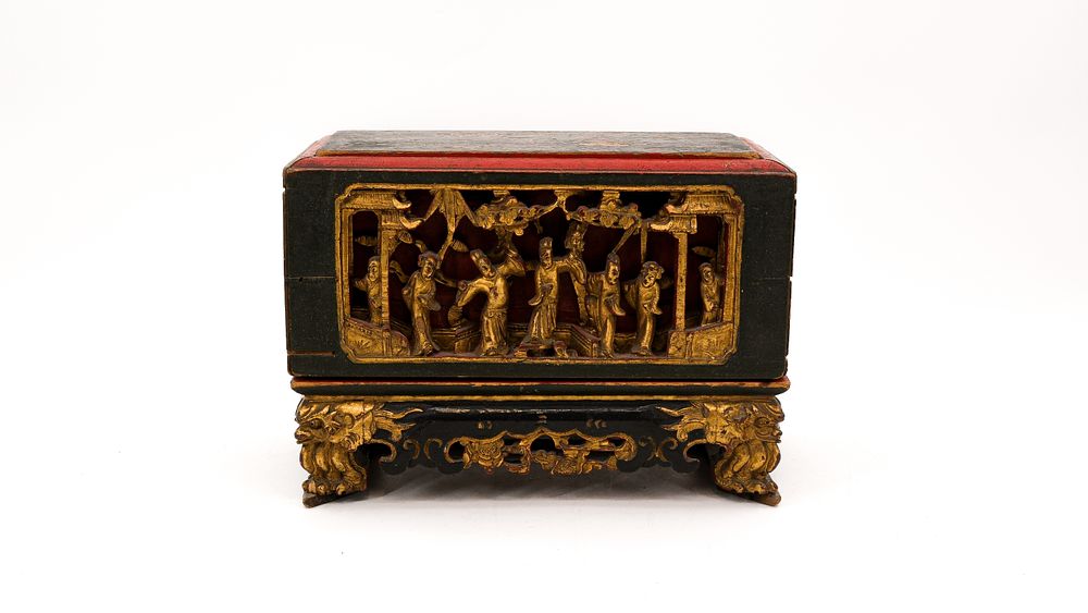 An antique Chinese gilt and lacquered carved wood altar box for the Straits of Peranakan 