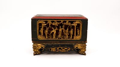 An antique Chinese gilt and lacquered carved wood altar box for the Straits of Peranakan 