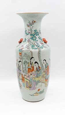 A Chinese Qianjiang porcelain decorated vase with scene of ladies in the garden. Red Fu-lion 