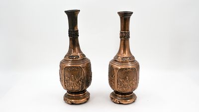 A lot of two Chinese antique patinated bronze bottle-shaped vases relief decorated with figural 