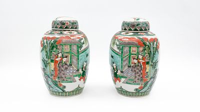 A Chinese pair of Famille verte glazed porcelain covered ginger vases with figurative scenes. A 