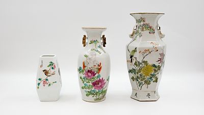 A lot of three Chinese Qianjiang and republic Famille rose various decorated porcelain vases. A 
