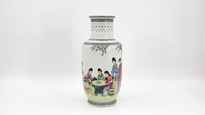 A Chinese Republic finely Famille Rose decorated porcelain vase, with an animated scene of 