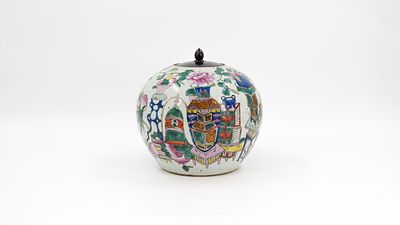 A Chinese Qianjiang and Famille rose decorated porcelain covered ginger vase with valuables decor. 