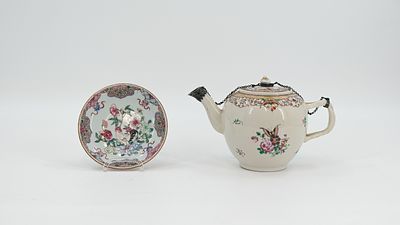 A small Chinese Famille rose chicken and flora decorated porcelain dish and a flora decorated teapot