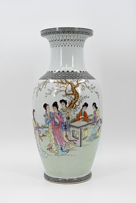 A Chinese Republic Famille Rose decorated porcelain vase. Finely hand-painted decor of ladies 