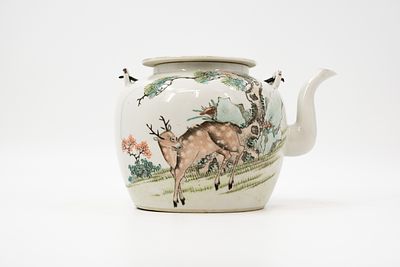 A large Chinese Qianjiang two-side decorated covered porcelain teapot with the scene of a lady 