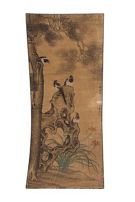A large Chinese watercolor on silk painting of birds and branches mounted on board. A large 