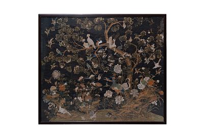 A large Chinese pastel/watercolor on canvas painting depicting a richly decorated nature scene 