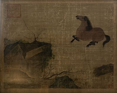 An antique Chinese finely decorated watercolor on silk painting depicting a horse scene. An 