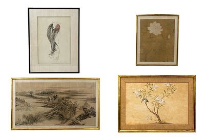 A composed lot of four various Chinese drawings on silk and paper. Framed and marked by various 