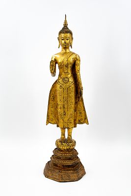 An antique gilt bronze Thai sculpture of standing buddha. Thailand, 19th/20th century. H: 67 cm