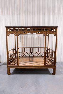 A finely decorated Chinese rectangular hardwood canopy bed. Upper part is dismountable. 