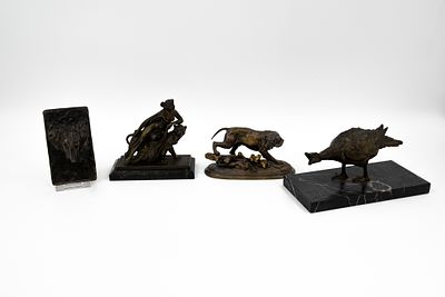 A lot of four antique patinated various bronze and spelter figurines. The duck is signed by 