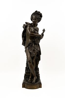 Albert-Ernest CARRIER-BELLEUSE (1824-1887) "Cigale", a French antique patinated bronze sculpture. 