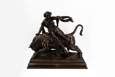 An antique and imposing patinated galvano figural bronze sculpture group of Europa on the Bull. A 