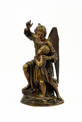 An antique patinated bronze figural sculpture representing an angel and child. Unsigned, late 
