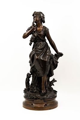 Hippolyte MOREAU (1832-1926) "Chant de l'allouette". A large French antique patinated bronze 