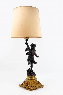 Jean-Louis GREGOIRE (1840-1890) A large and antique patinated gilt bronze figural candelabra lamp. 