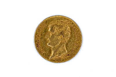 A French gold 20 Francs coin of Napoleon Bonaparte, dated An 12 (1803-1804). With bare head of 