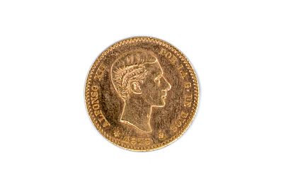 A Spanish gold 10 Pesetas coin of Alfonso XII, dated 1878. With bare head of Alfonso XII on the 