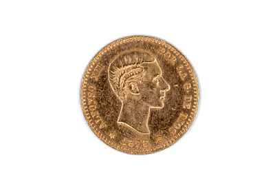 A Spanish gold 10 Pesetas coin of Alfonso XII, dated 1878. With bare head of Alfonso XII on the 